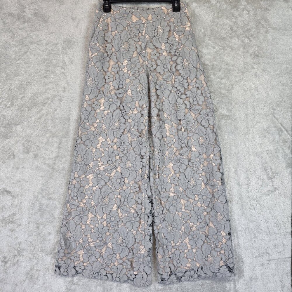 Feather Bone Pants Womens XS Gray Lace Wide Leg Lined Floral Anthropologie
